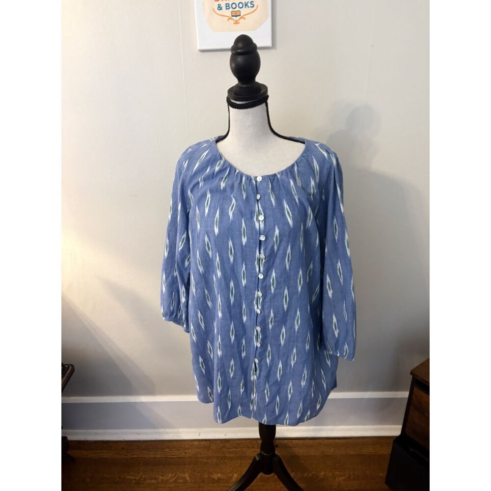 Pure Jill Blue Ikat Print Button-Front Tunic – Size Medium